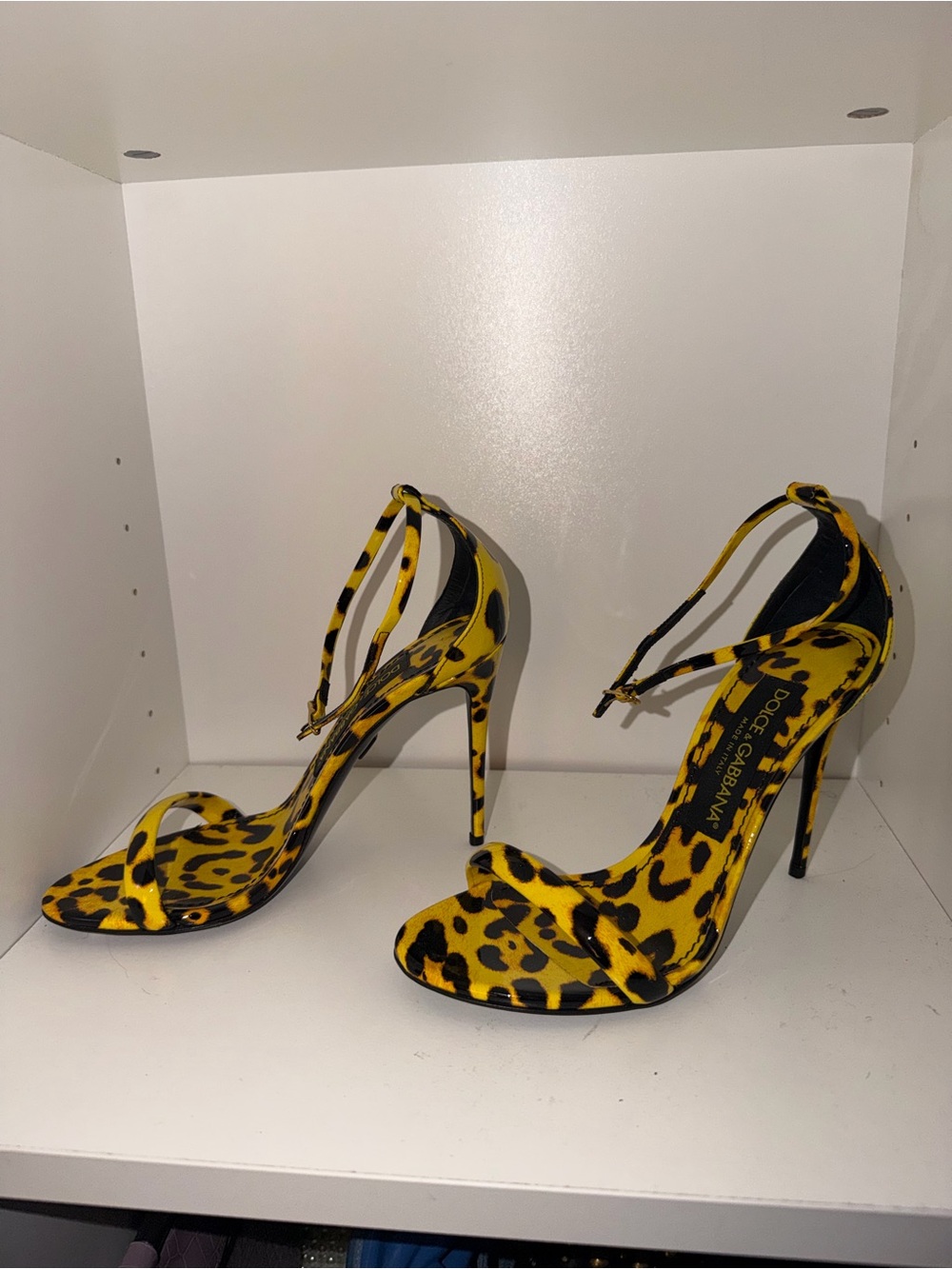 Dolce & Gabbana Yellow and Black Leopard Print Ankle-Strap Stilettos